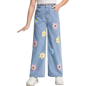 SweatyRocks Girl's Floral Print Wide Leg Jeans High Elastic Waist Long Denim Pants with Pockets