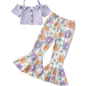 Honganda Fashion Little Kids Toddler Girl 2Pcs Summer Clothes Cold Shoulder Crop Tops with Floral Flare Pants Outfit Set 4-7T