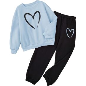 Floerns Girl's 2 Piece Outfit Heart Print Long Sleeve Sweatshirt and Sweatpants Set