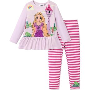 Disney Princess Toddler Girl Outfit Long Sleeve T-Shirt Dress and Striped Leggings Fall Casual Girls Clothing Sets