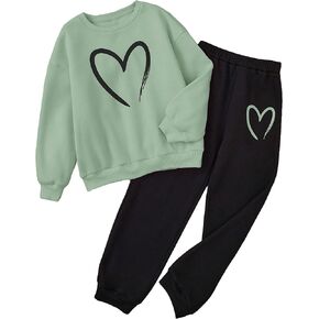 Floerns Girl's 2 Piece Outfit Heart Print Long Sleeve Sweatshirt and Sweatpants Set
