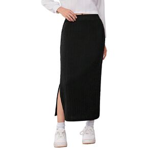 Milumia Girl's Rib Knit Split Thigh Long Skirt Elastic Waist Solid Pencil Skirts