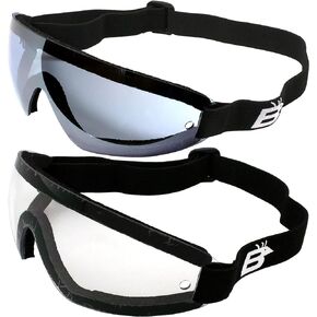 2 Skydive Skydiving Goggles One Reduced Glare Light Blue Lens and One Clear Lens With Great peripheral vision design Lenses are shatterproof polycarbonate, 100% UV protection, and are ANTI-FOG coated