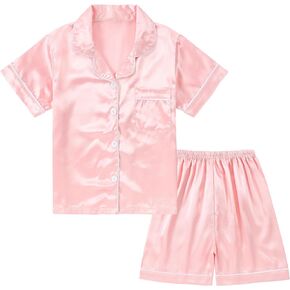 DIPUG Girls Pajamas Satin Pajama Set Silk Pjs Short Sleeve Sleepwear