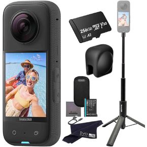 Insta360 X3 - Waterproof 360 Action Camera with 1/2" 48MP Sensors, 5.7K 360 HDR Video, 72MP 360 Photo, 4K Single-Lens, 2.29" Touchscreen|Bundle Includes 2-in-1 Selfie Stick, Lens Cap&256GB