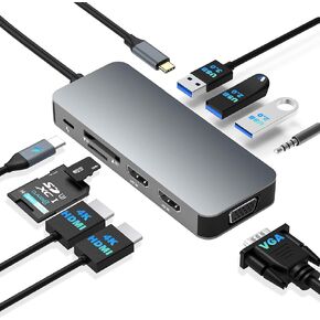 Docking Station Dual Monitor, USB C to Dual HDMI Adapter, USB C Docking Station Dual Monitor, Dual Monitor Adapter, USB C Hub 10 in 1 Docking Station 3 Monitors with HDMI/VGA/PD/USB/SD/TF/3.5mm Audio