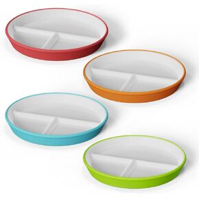 Kids Porcelain Plates with Anti-Slip Silicone Sleeves | Microwave & Dishwasher Safe | Premium Divided Toddler Plates for Hassle-Free Eating | Perfect for Toddlers & Kids of All Ages - Set of 4 Plates