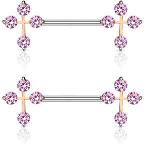 Dynamique CZ Cross Ends 316L Surgical Steel Nipple Barbell Ring (Sold Per Pair Or Piece)