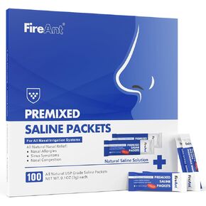 FireAnt Saline Packets Sinus Rinse, 100 Premixed Neti Pot Salt Packets for Nasal Rinse, All Natural, Pharmaceutical Grade, and PH Balanced - 100 Count