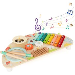 Baby Toys Musical Instruments, Rundad All-in-one Wooden Montessori Musical Set for 1&2Y (Includes Xylophone Drum Cymbal Guiro Gears), Gifts for 1+ Year Old Girl Preschool