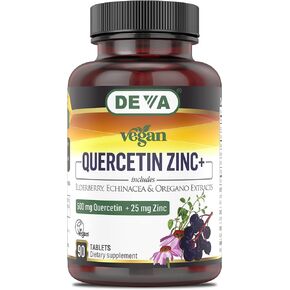 DEVA Vegan Quercetin 500mg Plus 25mg Zinc with Elderberry, Echinacea and Oregano Extracts -No Animal Ingredients - 90 Tablets, 1-Pack