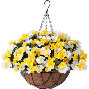 Autumn Artificial Hanging Flowers with 12" Basket for Outdoor Decor,Fake Hydrangea UV Resistant Arrangements in Pot Planter Fall Decor for Indoor Porch Garden Yard(Orange Brown)