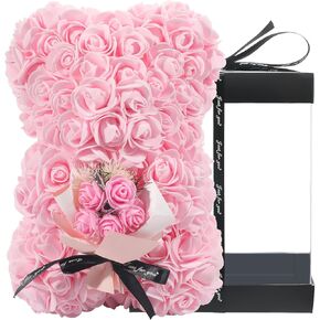 Mothers Day Rose Bear - Rose Teddy Bear Gift for Mom10 inch Teddy Flower Bear - Over 250 Dozen Artificial Flowers - Valentines Day, Anniversary & Bridal Showers Clear Gift for Women (Light Pink)