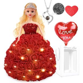 MACTING Rose Bear Gifts for Mom, Pink Flower Teddy Bear with Box&I Love You Necklace&Light&Card&Balloon for Mothers Day Birthday Anniversary Valentines Day (10")