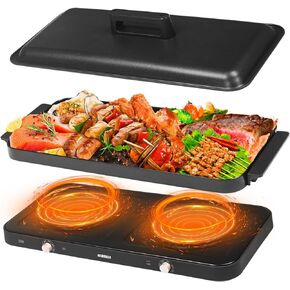 AEWHALE Portable Double Electric Burner with Removable Cast Aluminium Griddle Pan Non-stick,1800 W Hot Plate for Cooking, Independent Temperature Control for Family Party
