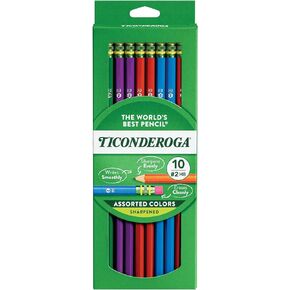 TICONDEROGA Pencils, Wood-Cased Graphite, #2 HB Soft, Pre-Sharpened, Assorted Color Barrels, Black Lead, 10-Pack (13932)