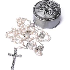 Jirehjill Rosary Beads Catholic for Woman - AAA+ White Vintage Oval Natural Real Pearl Rosary Beads, Catholic Gift.