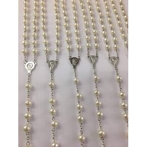 CLGIFT 12 X Wholesale Bulk Rosary Long Faux Pearl Rosary necklace 18 inches drop down for Baptism , Wedding , Religious Favor /Baptism Favor/baby shower/ wholesale bulk rosary with organza gift bags /