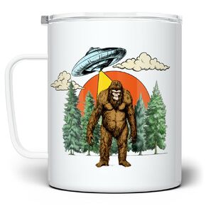 Bigfoot Sasquatch UFO Alien Abduction Retro Insulated Travel Tumbler Coffee Mug, Paranormal Lover Gift Cup