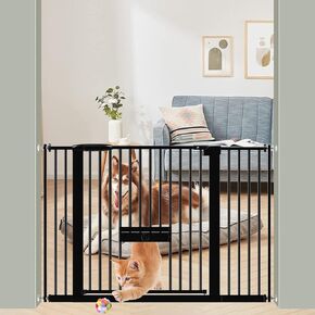 DEARBB 1.37" Ultra Narrow Spacing 30.11-77.36" Extra Wide Baby Gate with Small Pet Door,Pressure Mounted Double Lock Auto Close Walk Through Metal Safety Dog Gate