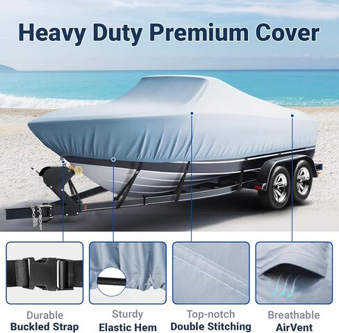 غطاء قارب مقاوم للماء من Coverland 600D Oxford عالي التحمل، مناسب عالمي، هيكل على شكل حرف V، هيكل ثلاثي، صيد الأسماك والتزلج، قوارب باس، متنقل قابل للمقطورة، مقاوم للأشعة فوق البنفسجية، مقاوم للرياح مع حزام (يناسب 26'-28'، 108") in Kuwait