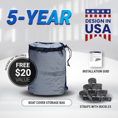 غطاء قارب مقاوم للماء من Coverland 600D Oxford عالي التحمل، مناسب عالمي، هيكل على شكل حرف V، هيكل ثلاثي، صيد الأسماك والتزلج، قوارب باس، متنقل قابل للمقطورة، مقاوم للأشعة فوق البنفسجية، مقاوم للرياح مع حزام (يناسب 26'-28'، 108") in Kuwait