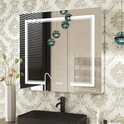 خزانة طبية LED من Benime مقاس 24 × 32 بوصة، خزانة طبية مضاءة مع: تخزين كبير، خزانة طبية سطحية أو غائرة مع أضواء، مزيل ضباب، تعتيم بدون خطوات ودرجات حرارة اللون، 2 منافذ وUSB، 3 أرفف in Kuwait