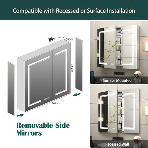 خزانة طبية LED من Benime مقاس 24 × 32 بوصة، خزانة طبية مضاءة مع: تخزين كبير، خزانة طبية سطحية أو غائرة مع أضواء، مزيل ضباب، تعتيم بدون خطوات ودرجات حرارة اللون، 2 منافذ وUSB، 3 أرفف in Kuwait