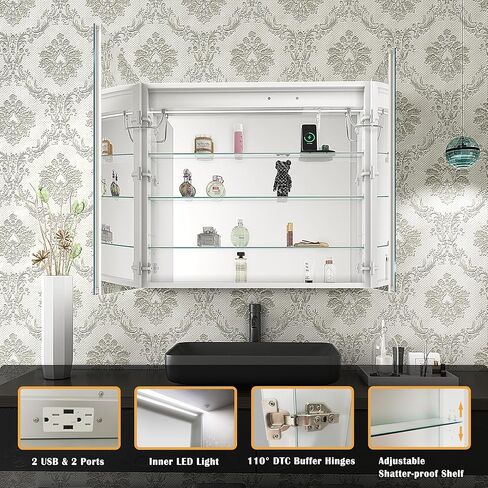 خزانة طبية LED من Benime مقاس 24 × 32 بوصة، خزانة طبية مضاءة مع: تخزين كبير، خزانة طبية سطحية أو غائرة مع أضواء، مزيل ضباب، تعتيم بدون خطوات ودرجات حرارة اللون، 2 منافذ وUSB، 3 أرفف in Kuwait