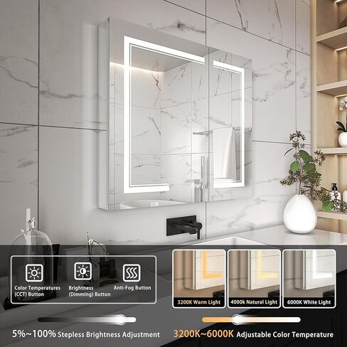 خزانة طبية LED من Benime مقاس 24 × 32 بوصة، خزانة طبية مضاءة مع: تخزين كبير، خزانة طبية سطحية أو غائرة مع أضواء، مزيل ضباب، تعتيم بدون خطوات ودرجات حرارة اللون، 2 منافذ وUSB، 3 أرفف in Kuwait