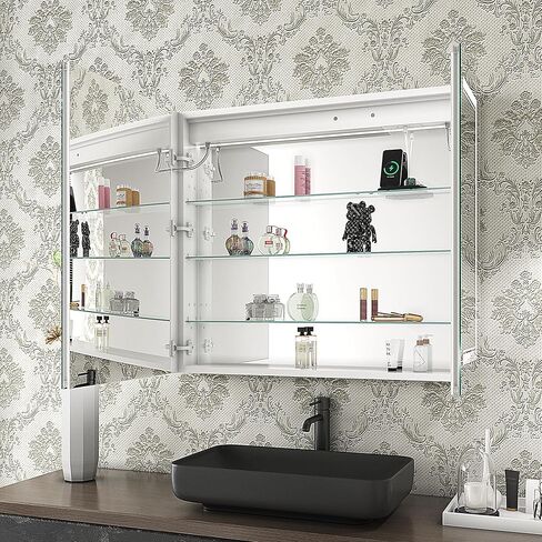 خزانة طبية LED من Benime مقاس 24 × 32 بوصة، خزانة طبية مضاءة مع: تخزين كبير، خزانة طبية سطحية أو غائرة مع أضواء، مزيل ضباب، تعتيم بدون خطوات ودرجات حرارة اللون، 2 منافذ وUSB، 3 أرفف in Kuwait