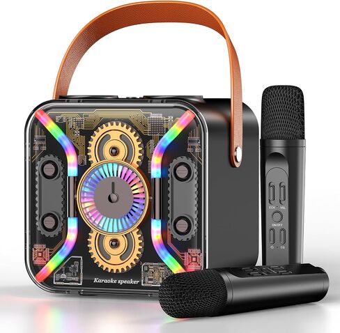 MVKCN Karaoke Machine with Two Wireless Microphones for Adults Kids, Portable Bluetooth Speaker with Bass, Rechargeable PA System LED Lights, Supports TF Card/USB, AUX in, for Party, Black in Saudi Arabia