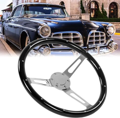 عجلة قيادة Oreq مقاس 15 بوصة بنمط الحنين الكلاسيكي، عجلة قيادة خشبية قديمة ذات قبضة مريحة، 3 قضبان مثبتة بـ 6 فتحات تعديل عالمي لعجلة القيادة (أسود)، افتراضي in Kuwait