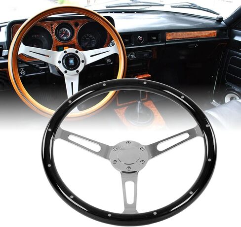 عجلة قيادة Oreq مقاس 15 بوصة بنمط الحنين الكلاسيكي، عجلة قيادة خشبية قديمة ذات قبضة مريحة، 3 قضبان مثبتة بـ 6 فتحات تعديل عالمي لعجلة القيادة (أسود)، افتراضي in Kuwait