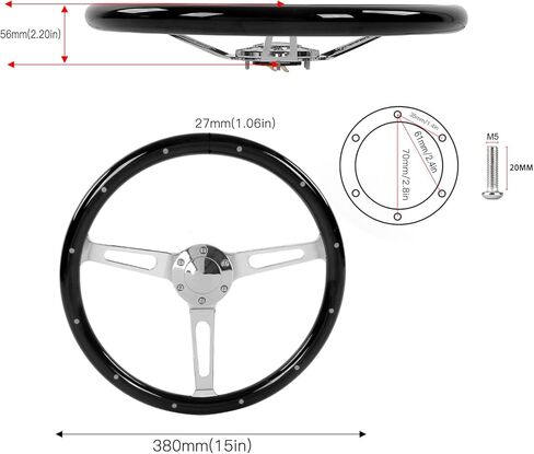 عجلة قيادة Oreq مقاس 15 بوصة بنمط الحنين الكلاسيكي، عجلة قيادة خشبية قديمة ذات قبضة مريحة، 3 قضبان مثبتة بـ 6 فتحات تعديل عالمي لعجلة القيادة (أسود)، افتراضي in Kuwait