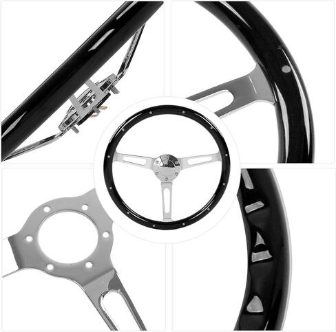 عجلة قيادة Oreq مقاس 15 بوصة بنمط الحنين الكلاسيكي، عجلة قيادة خشبية قديمة ذات قبضة مريحة، 3 قضبان مثبتة بـ 6 فتحات تعديل عالمي لعجلة القيادة (أسود)، افتراضي in Kuwait