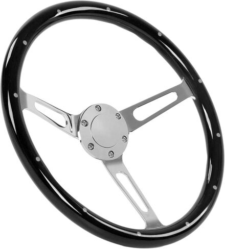 عجلة قيادة Oreq مقاس 15 بوصة بنمط الحنين الكلاسيكي، عجلة قيادة خشبية قديمة ذات قبضة مريحة، 3 قضبان مثبتة بـ 6 فتحات تعديل عالمي لعجلة القيادة (أسود)، افتراضي in Kuwait