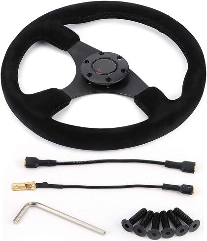Steering Wheel, 14in 350mm Steering Wheel Black Stitching with Horn B for Racing Steering Wheel Suede Steering Wheel in Saudi Arabia