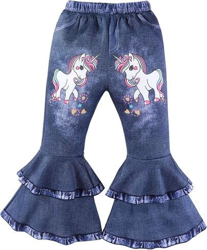 Toddler Girls Imitation Denim Print Flare Pants - Kids Unicorn Jeans Little Cowgirl Layered Ruffle Hem Bell Bottoms in Saudi Arabia