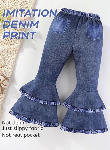 Toddler Girls Imitation Denim Print Flare Pants - Kids Unicorn Jeans Little Cowgirl Layered Ruffle Hem Bell Bottoms in Saudi Arabia
