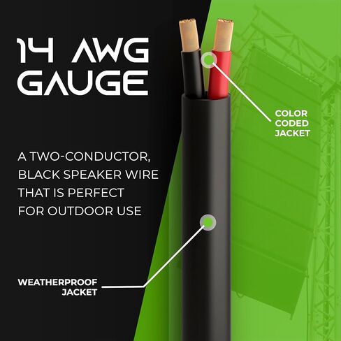 سلك مكبر صوت GearIT 14/2 (20 قدم) مقياس 14AWG - دفن خارجي مباشر في الأرض/في الجدار / تصنيف CL3 CL2 / 2 موصلات - نحاس خالٍ من الأكسجين OFC، أسود 20 قدم in Saudi Arabia
