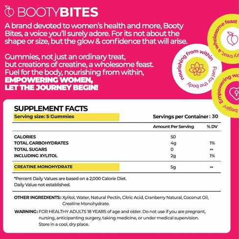 Booty Bites Creatine Monohydrate Gummies, 5g, Natural Supplement, Booty Lift, Post Workout Recovery, Muscle Builder, Boost Energy, Gluten Free, Cranberry Flavor (15) in Saudi Arabia