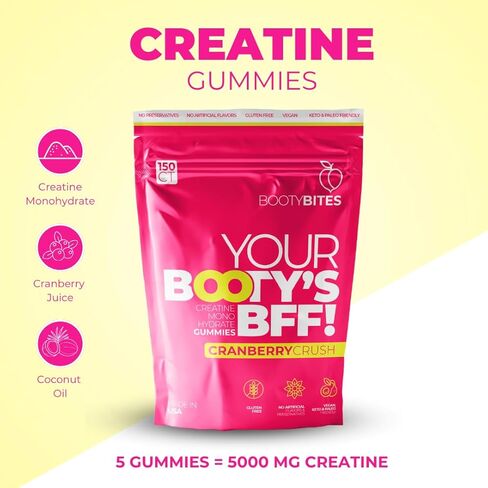 Booty Bites Creatine Monohydrate Gummies, 5g, Natural Supplement, Booty Lift, Post Workout Recovery, Muscle Builder, Boost Energy, Gluten Free, Cranberry Flavor (15) in Saudi Arabia
