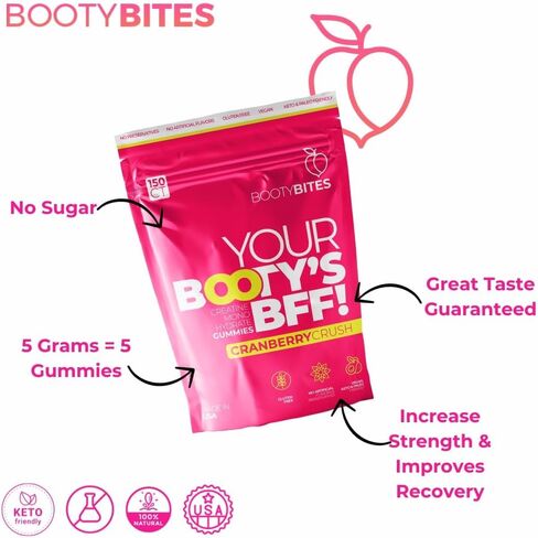 Booty Bites Creatine Monohydrate Gummies, 5g, Natural Supplement, Booty Lift, Post Workout Recovery, Muscle Builder, Boost Energy, Gluten Free, Cranberry Flavor (15) in Saudi Arabia