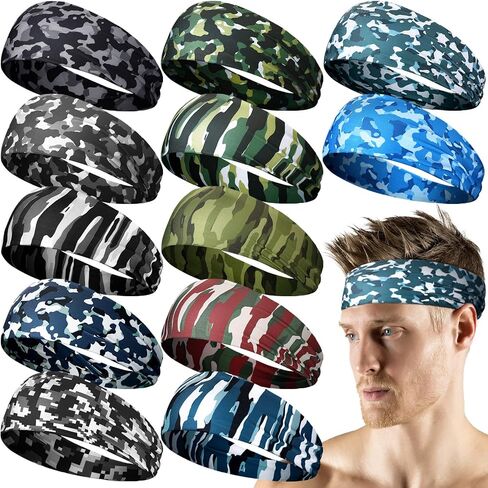 Newcotte 12 Pcs Headbands for Men Sport Camo Sweatbands Nonslip Stretchy Hairband Lightweight Sweat Absorbing Colorful Workout Head Bands for Sport Women Running Gym Jogging in Saudi Arabia