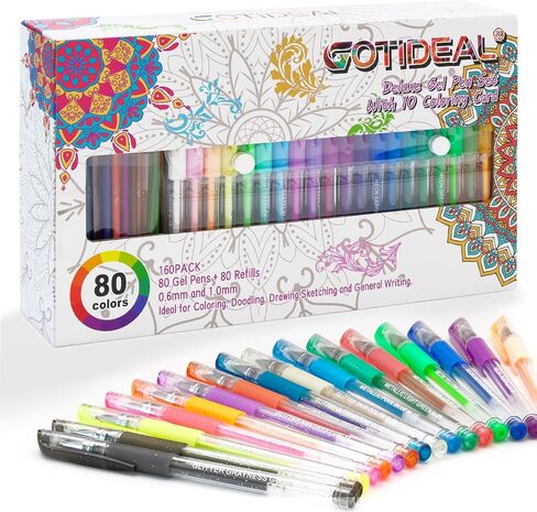 قلم جل GOTIDEAL لكتب التلوين، 160 قطعة، 80 قلم جل و80 عبوة مع حقيبة سفر، أقلام تلوين رائعة للأطفال، خربش، سجل القصاصات، الرسم، الكتابة، الرسم in Kuwait