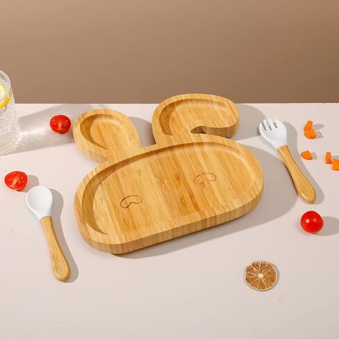 Mamimami Home Baby Bamboo Suction Plates Set with Spoons & Fork, Baby Food Dishes Feeding Set for Led Weaning Plate, Baby Utensils Set, BPA Free in Saudi Arabia