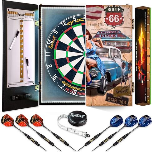 IgnatGames Dart Board Professional Set - Competition Size Kenyan Sisal Dart Board for Adults with 6 Professional Steel Darts - Staple-Free Ultra-Thin Wire Spider Dartboard + Accessories & Mounting Kit in Kuwait