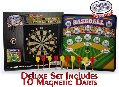 Deluxe 2-in-1 Reversible Magnetic Dartboard (Dart Board) with 10 Darts, Featuring Standard Darts & Baseball Games - Matty's Toy Stop Exclusive in Saudi Arabia