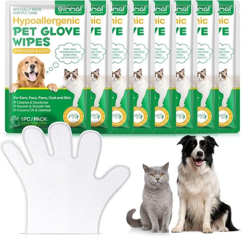 Cleaning Gloves for Dog and Cats,8PCS,Cleaner Wipes Fur Pet For Ears, Face, Paws, Coat and Skin,Nourish Fur Coconut Oil Grooming Cleaner Wipes Pet Bathing Gloves Wipes for Daily Care and Traveling in Kuwait